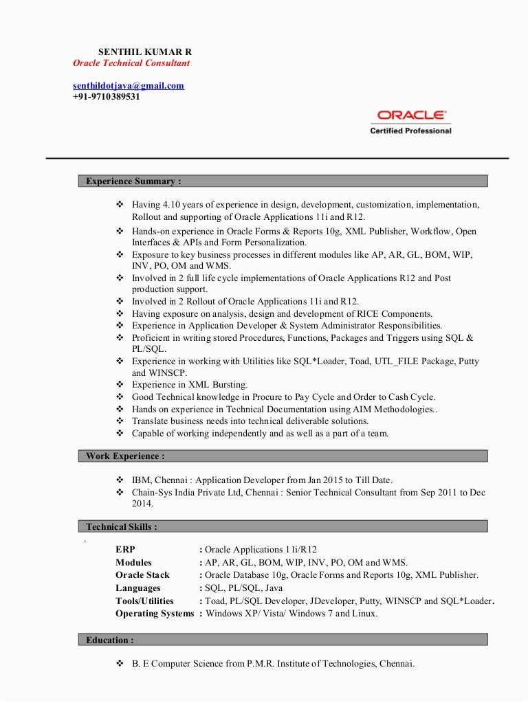 Oracle Hrms Technical Consultant Resume Sample Resume Senthil Kumar R oracle Apps Technical Consultant