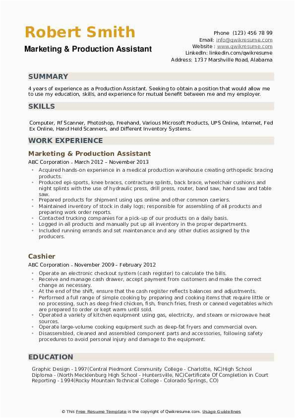 Production assistant Resume No Experience Sample Production assistant Resume Samples