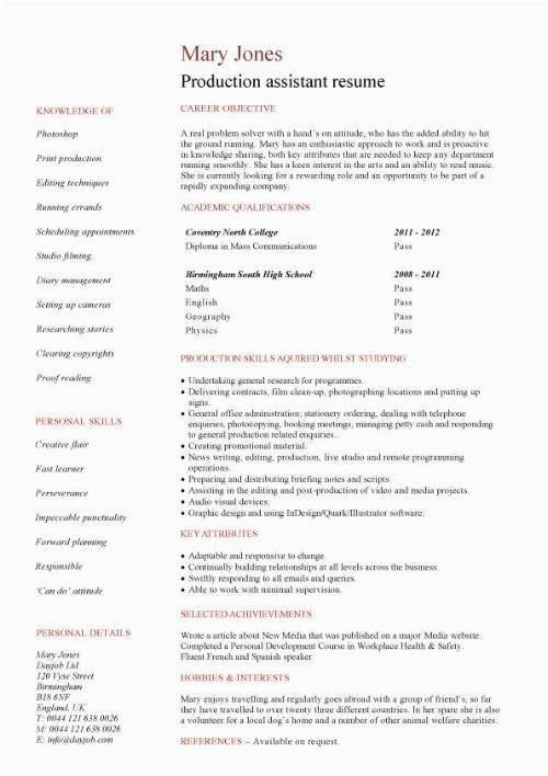 Production assistant Resume No Experience Sample Student Entry Level Production assistant Resume Template