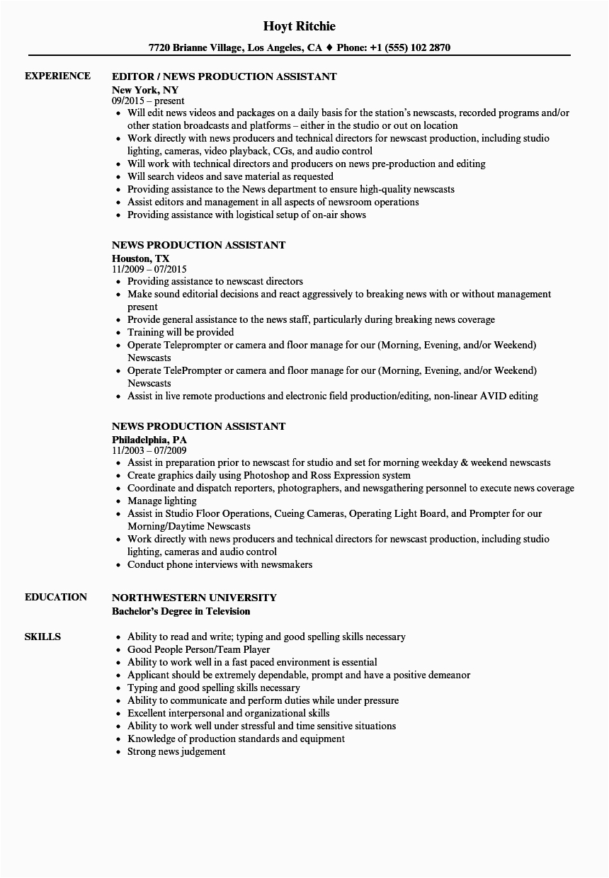 Production assistant Resume No Experience Sample Tv Production assistant Resume