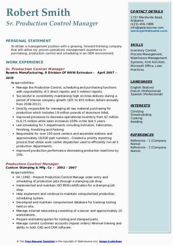 Production Planning and Control Manager Resume Samples Production Control Manager Resume Samples