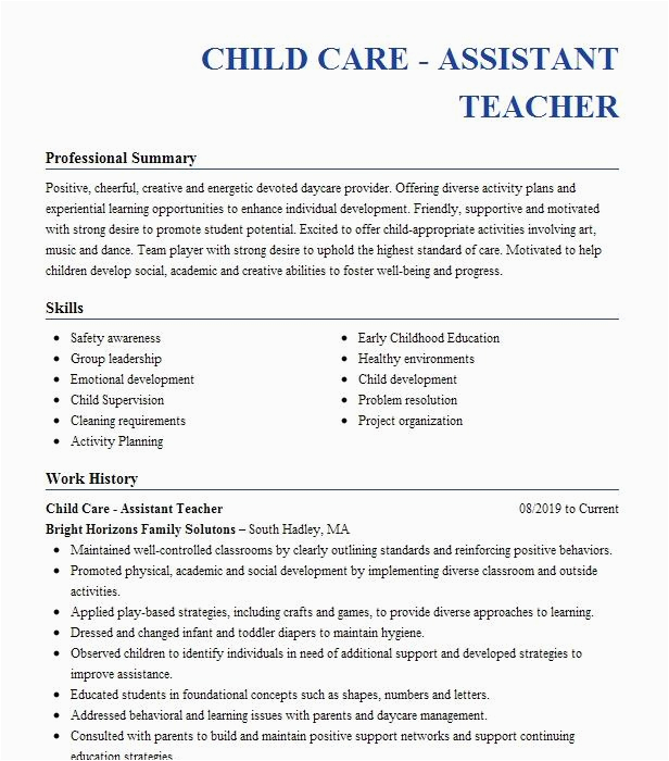 Resume Samples for Child Care Teacher assistant Child Care assistant Teacher Resume Example Bright Horizons Family