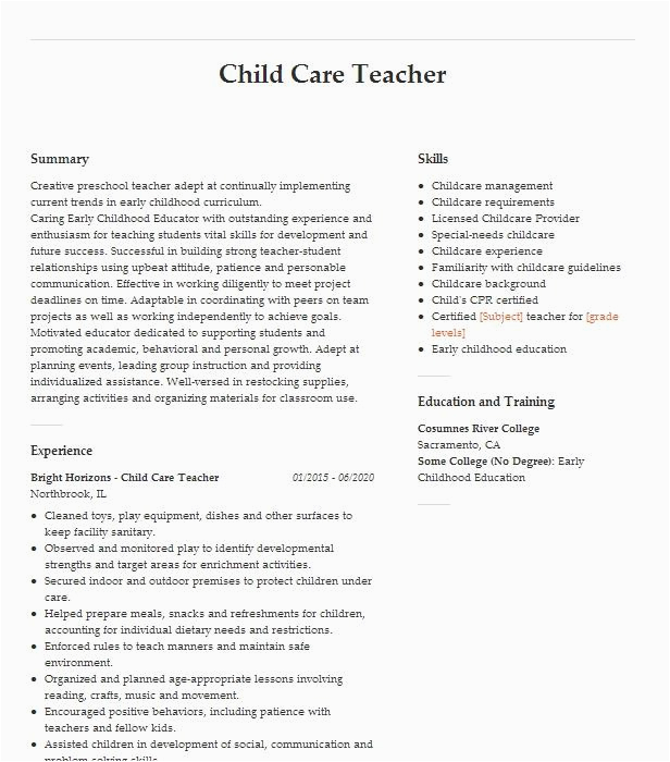 Resume Samples for Child Care Teacher assistant Child Care assistant Teacher Resume Example Ymca Monmouth Junction