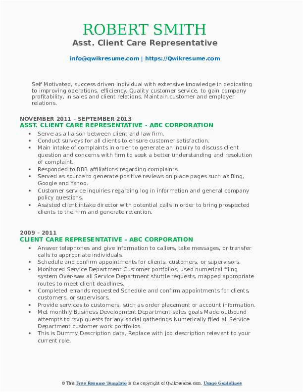 Resume Samples for Client Intake assistant Client Care Representative Resume Samples