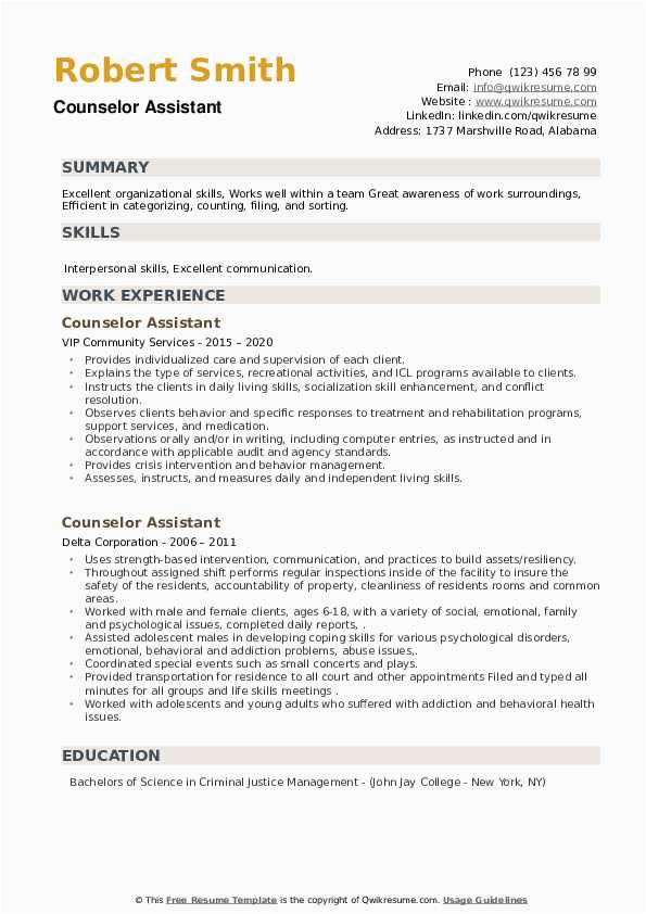 Resume Samples for Client Intake assistant Counselor assistant Resume Samples