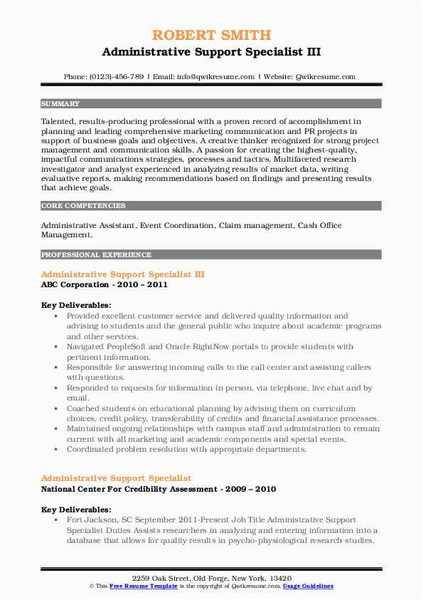 Resume Samples Of Sr Administrative assistant Iii Investment Firm Administrative Support Specialist Resume Samples