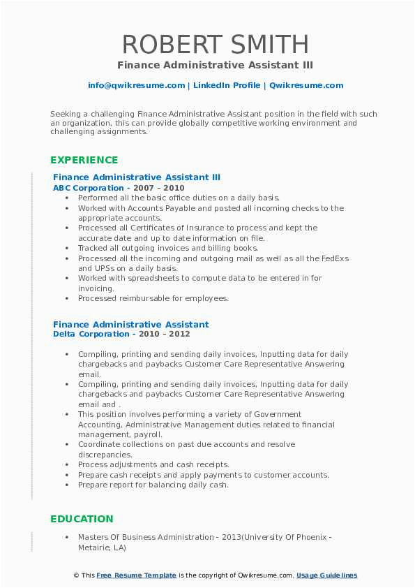 Resume Samples Of Sr Administrative assistant Iii Investment Firm Finance Administrative assistant Resume Samples
