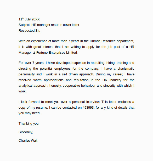 Sample Cover Letter for Hr Manager Resume Free 11 Sample Resume Cover Letter Examples In Ms Word