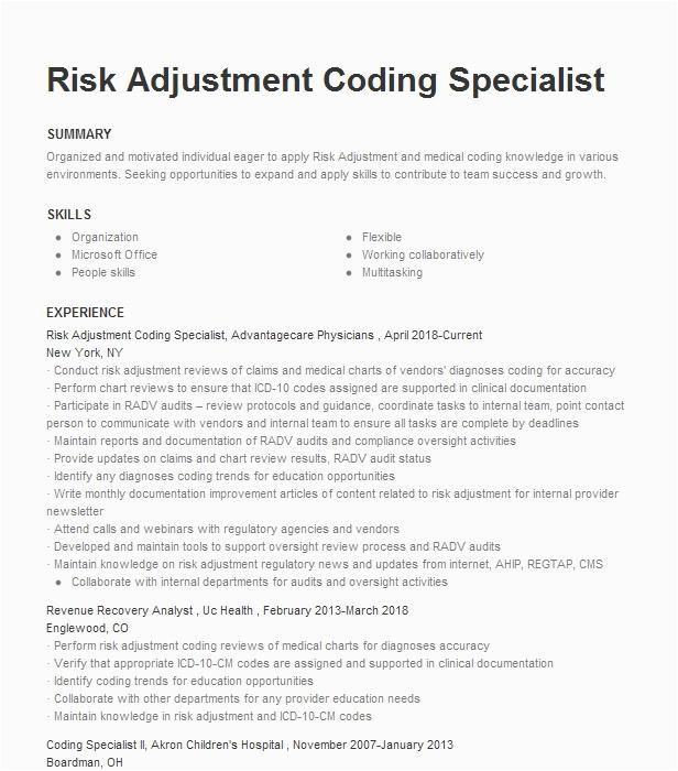 Sample Hcc Risk Adjustment Medical Coder Resume Coding Quality and Risk Adjustment Supervisor Resume Example Electric