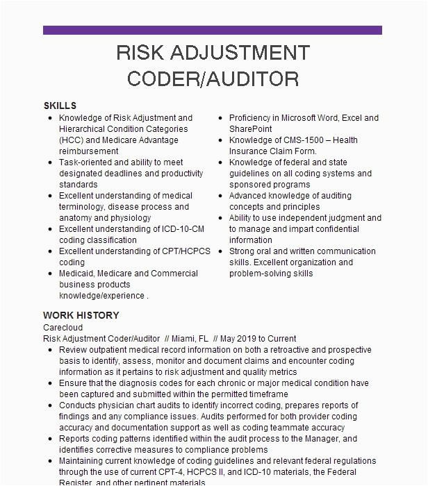 Sample Hcc Risk Adjustment Medical Coder Resume Risk Adjustment Coder Resume Example Cano Health Whittier north Carolina