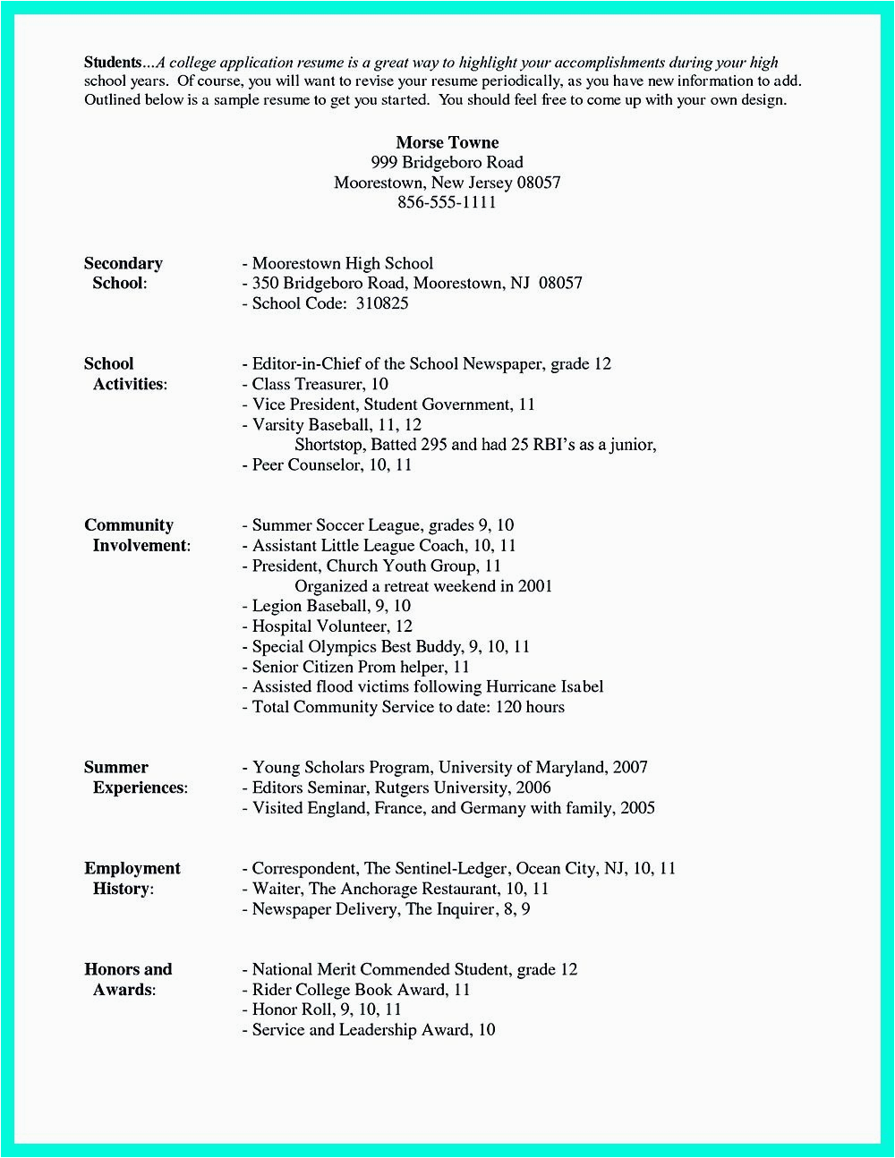 Sample High School Resume for College Admission How to Write College Admission Resume Dear