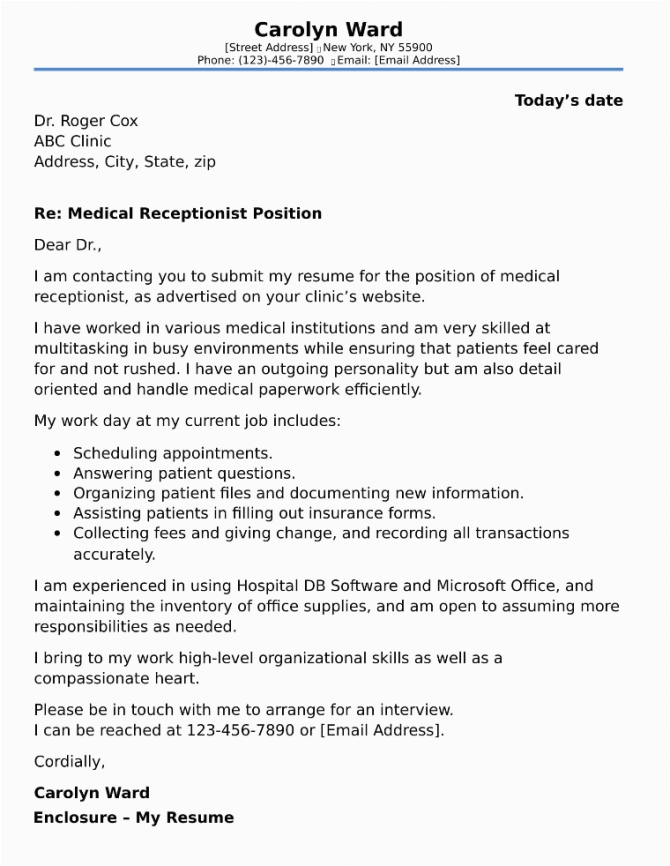 Sample Medical Receptionist Resume Cover Letter Medical Receptionist Cover Letter Gotilo