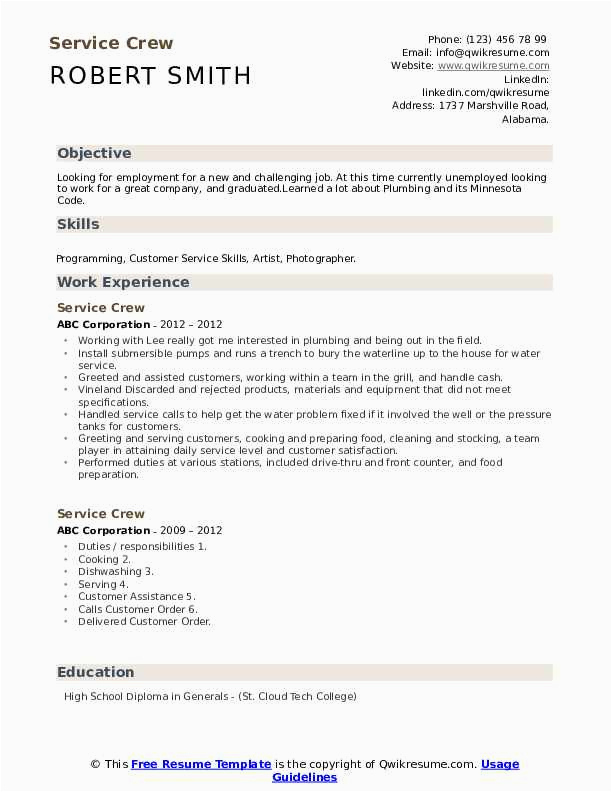 Sample Objective In Resume for Service Crew Service Crew Resume Samples