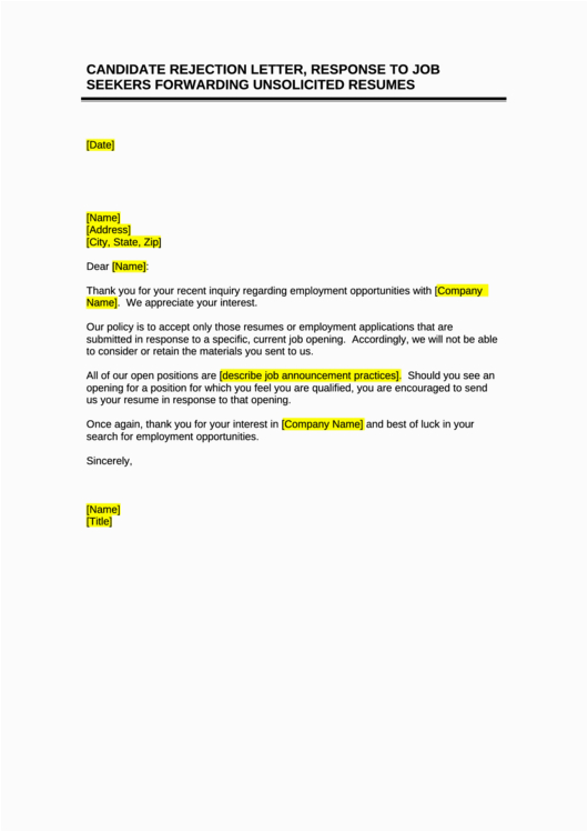 Sample Rejection Letter for Unsolicited Resume Candidate Rejection Letter Response to Job Seekers forwarding