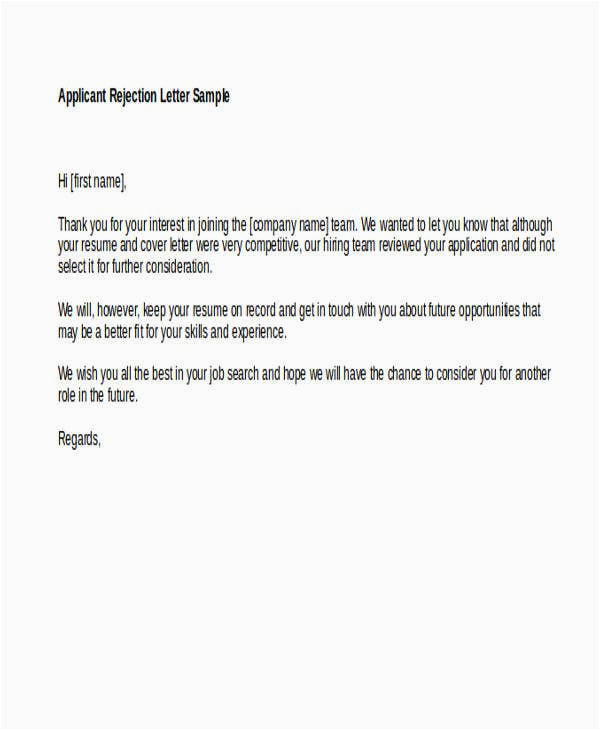 Sample Rejection Letter for Unsolicited Resume Email Response to Job Application Rejection