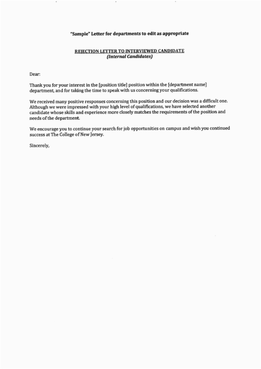 Sample Rejection Letter for Unsolicited Resume Rejection Letter Template to Interviewed Candidate Printable Pdf