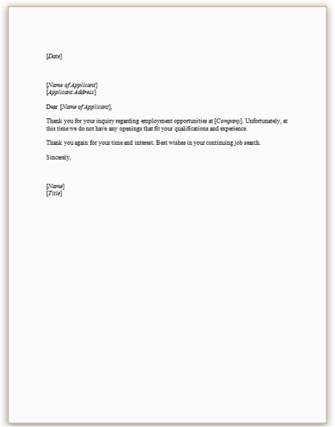 Sample Rejection Letter for Unsolicited Resume This Sample Letter Provides One Example Of An Appropriate Reply to