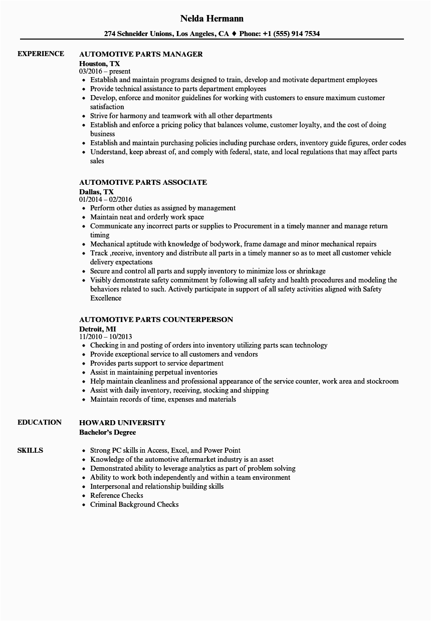 Sample Resume for Auto Parts Manager Auto Parts Resume