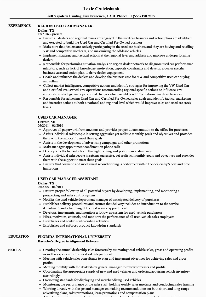 Sample Resume for Auto Parts Manager Automotive Car Auto Sales Manager
