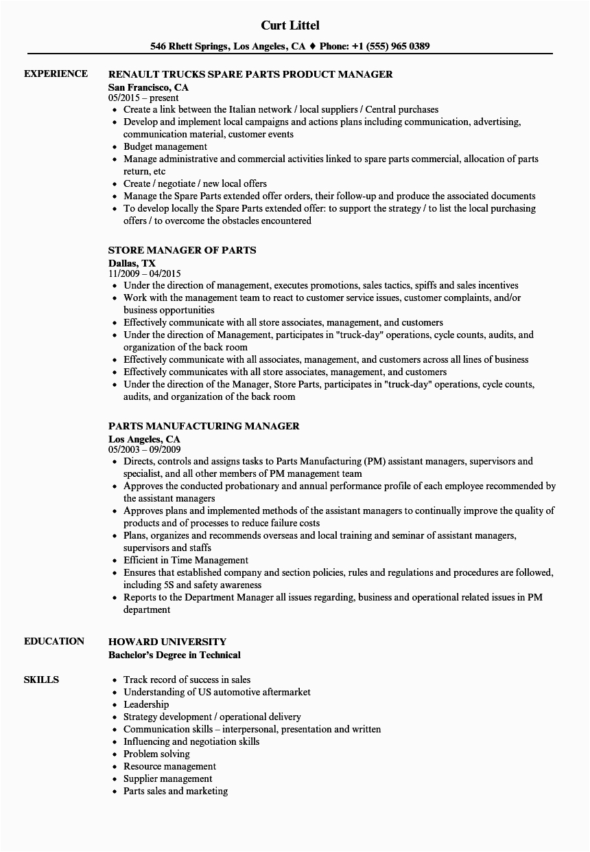 Sample Resume for Auto Parts Manager Manager Parts Resume Samples