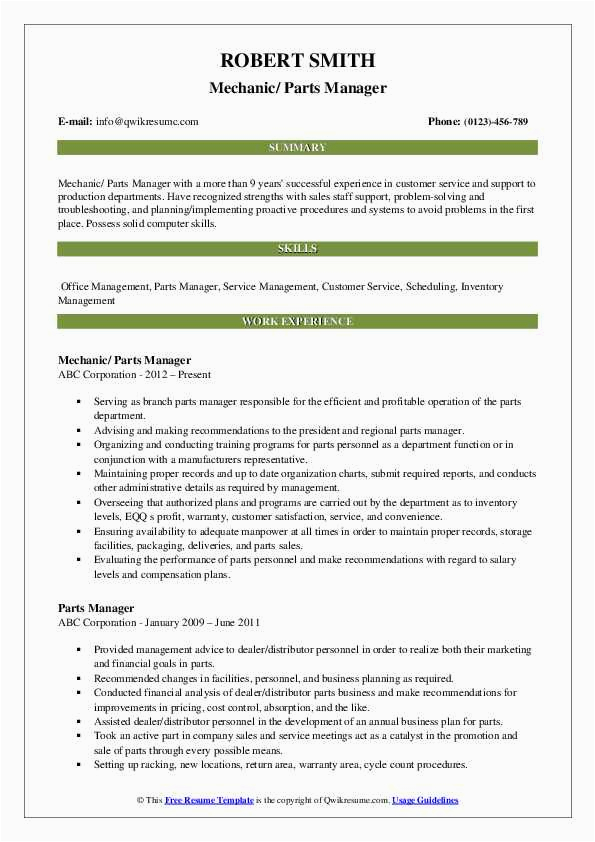 Sample Resume for Auto Parts Manager Parts Manager Resume Samples