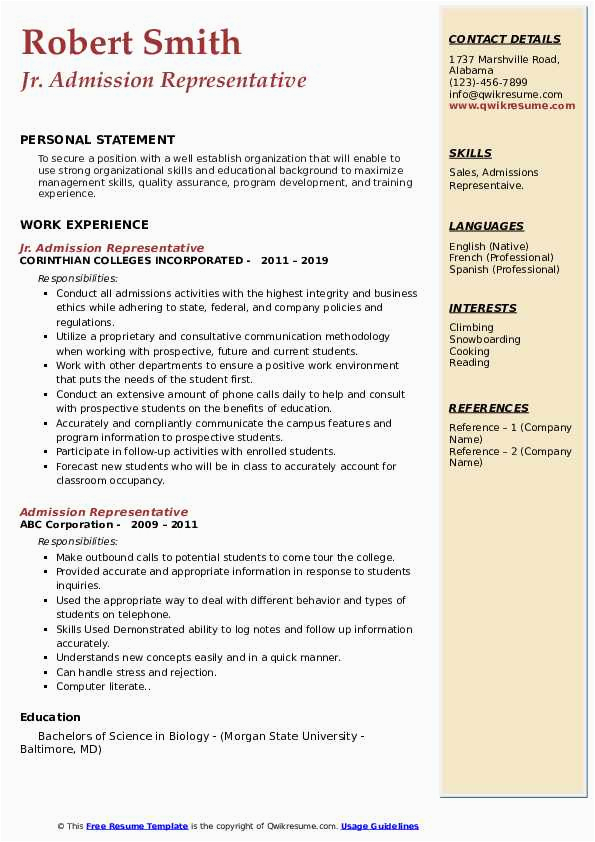 Sample Resume for B School Admission Admission Representative Resume Samples