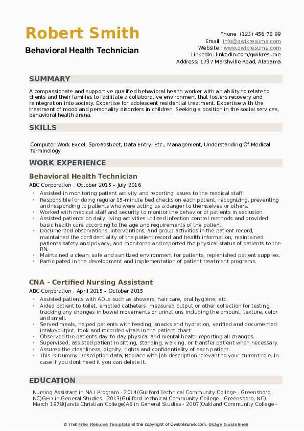 Sample Resume for Behavioral Intervention Group Behavioral Health Technician Resume Samples