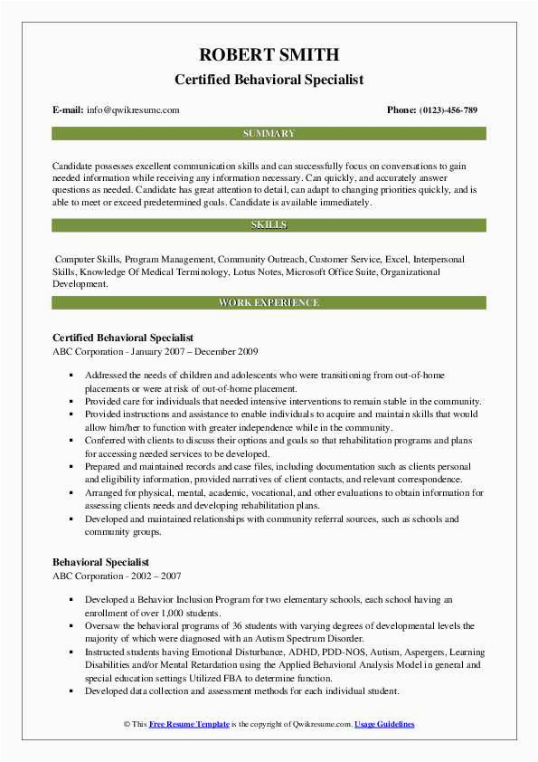 Sample Resume for Behavioral Intervention Group Behavioral Specialist Resume Samples