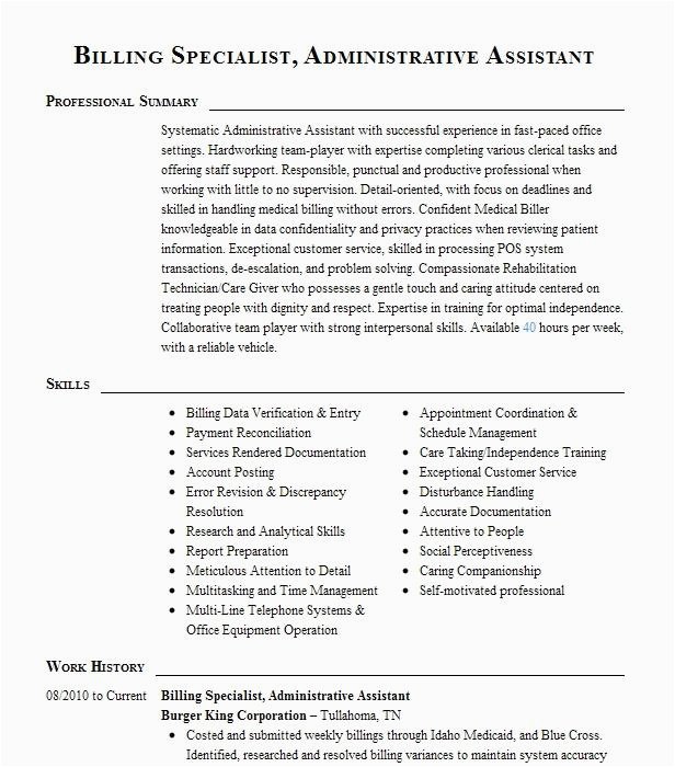 Sample Resume for Billing Administrator Specialist Billing Specialist Administrative assistant Resume Example Marsh