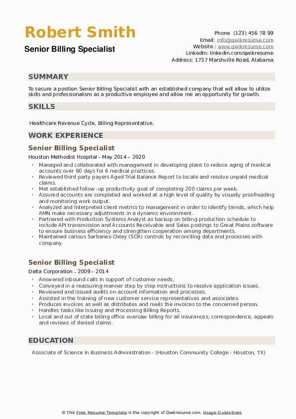 Sample Resume for Billing Administrator Specialist Senior Billing Specialist Resume Samples