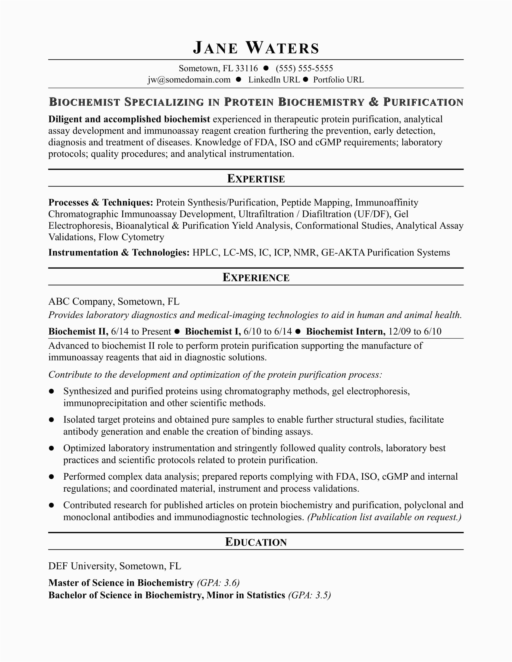 Sample Resume for Biomaker Development and assays Biochemist Resume Sample