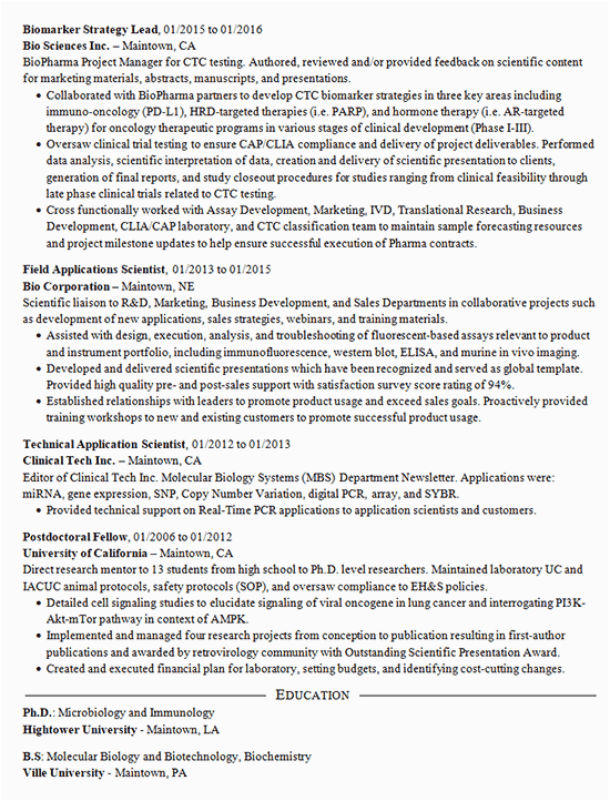 Sample Resume for Biomaker Development and assays Clinical Director Resume Example Microbiology Scientist
