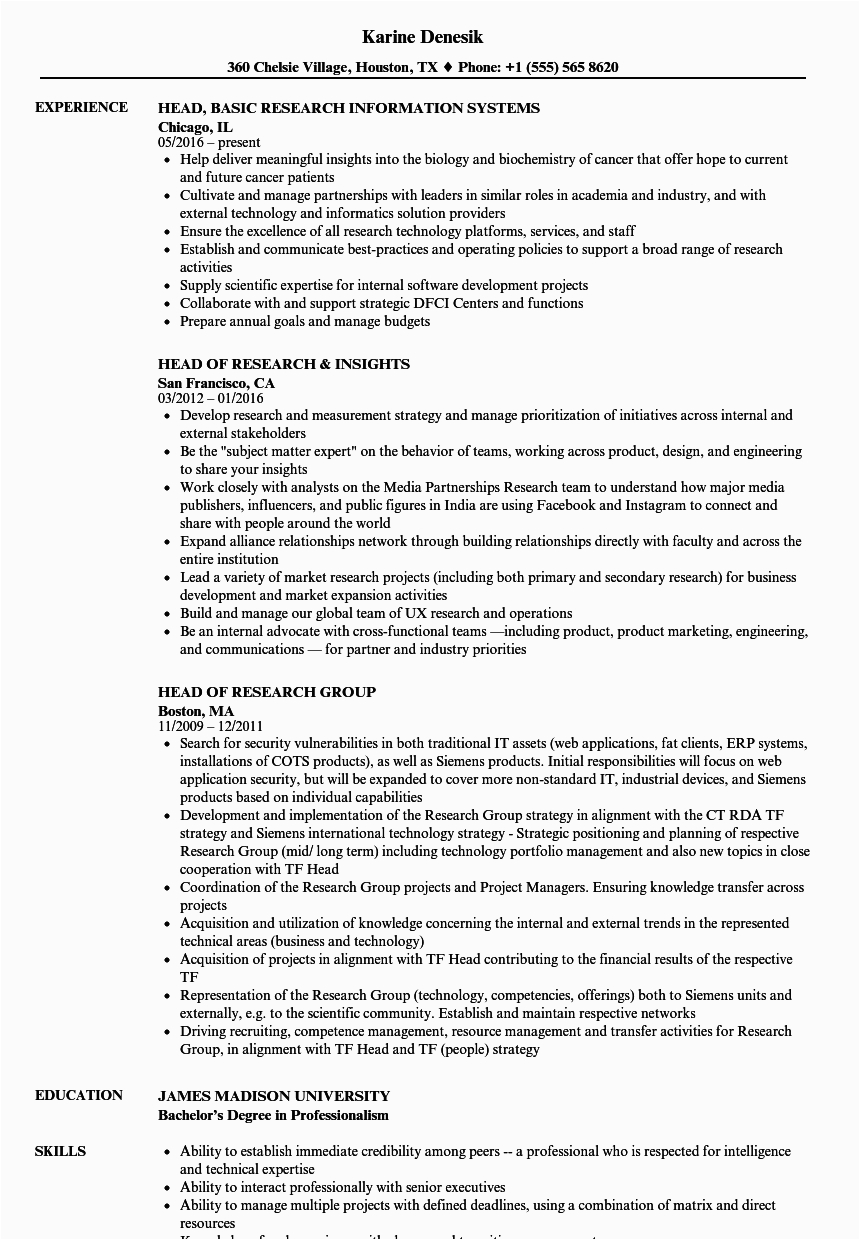 Sample Resume for Biomaker Development and assays Research Head Resume Samples