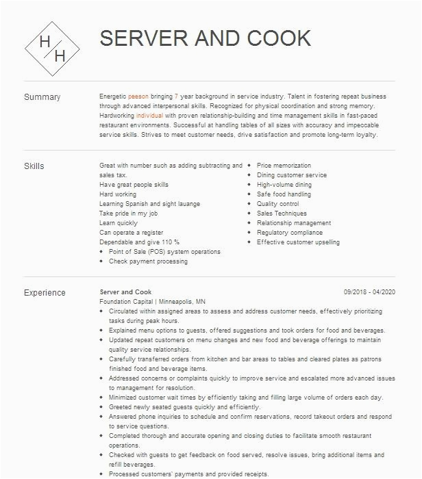 Sample Resume for Cook and Server Cook and Server Resume Example Pany Name Waianae Hawaii