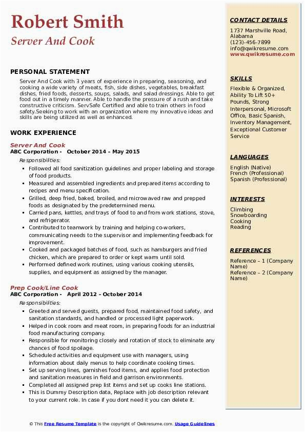 Sample Resume for Cook and Server Cook Resume Samples