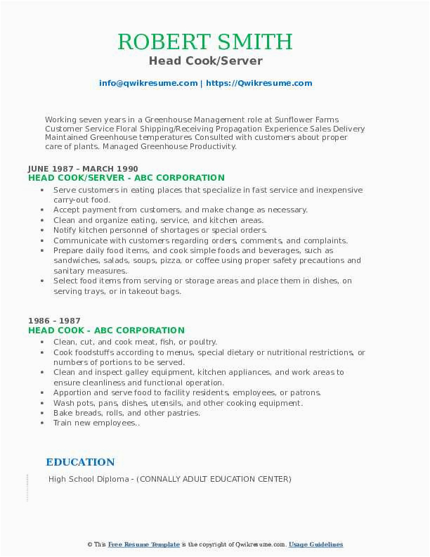 Sample Resume for Cook and Server Head Cook Resume Samples