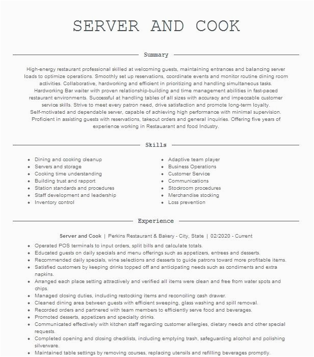 Sample Resume for Cook and Server Server Cook Resume Example Applebee S Saint Louis Missouri