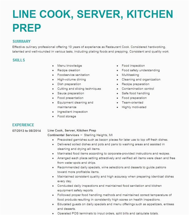 Sample Resume for Cook and Server Server Prep Cook Resume Example Johnny Corino S Alamogordo New Mexico