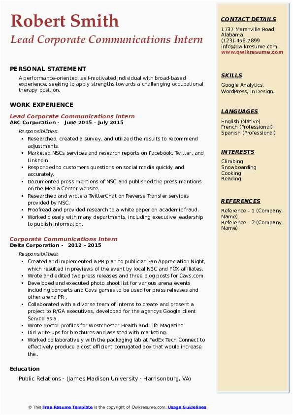 Sample Resume for Corporate Communication Executive Corporate Munications Intern Resume Samples