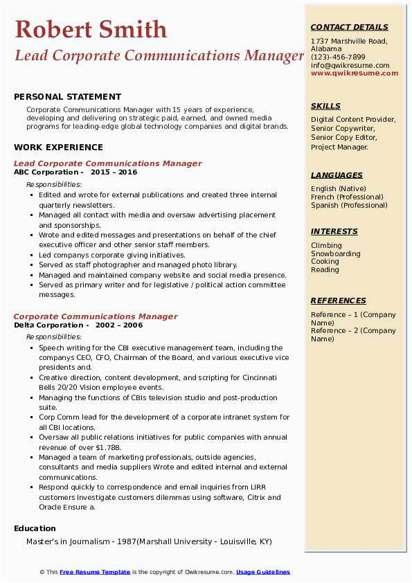 Sample Resume for Corporate Communication Executive Corporate Munications Manager Resume Samples