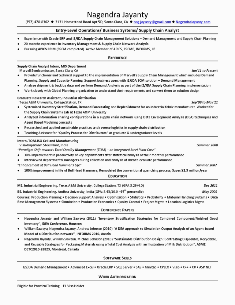 Sample Resume for Entry Level Supply Chain Entry Level Supply Chain Resume Nagendra Jayanty