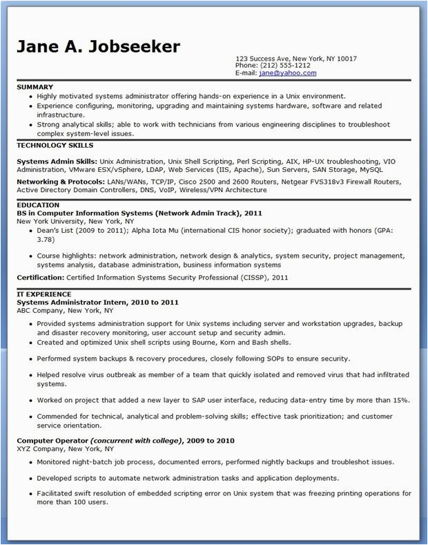 Sample Resume for Entry Level System Administrator Systems Administrator Resume Sample Entry Level