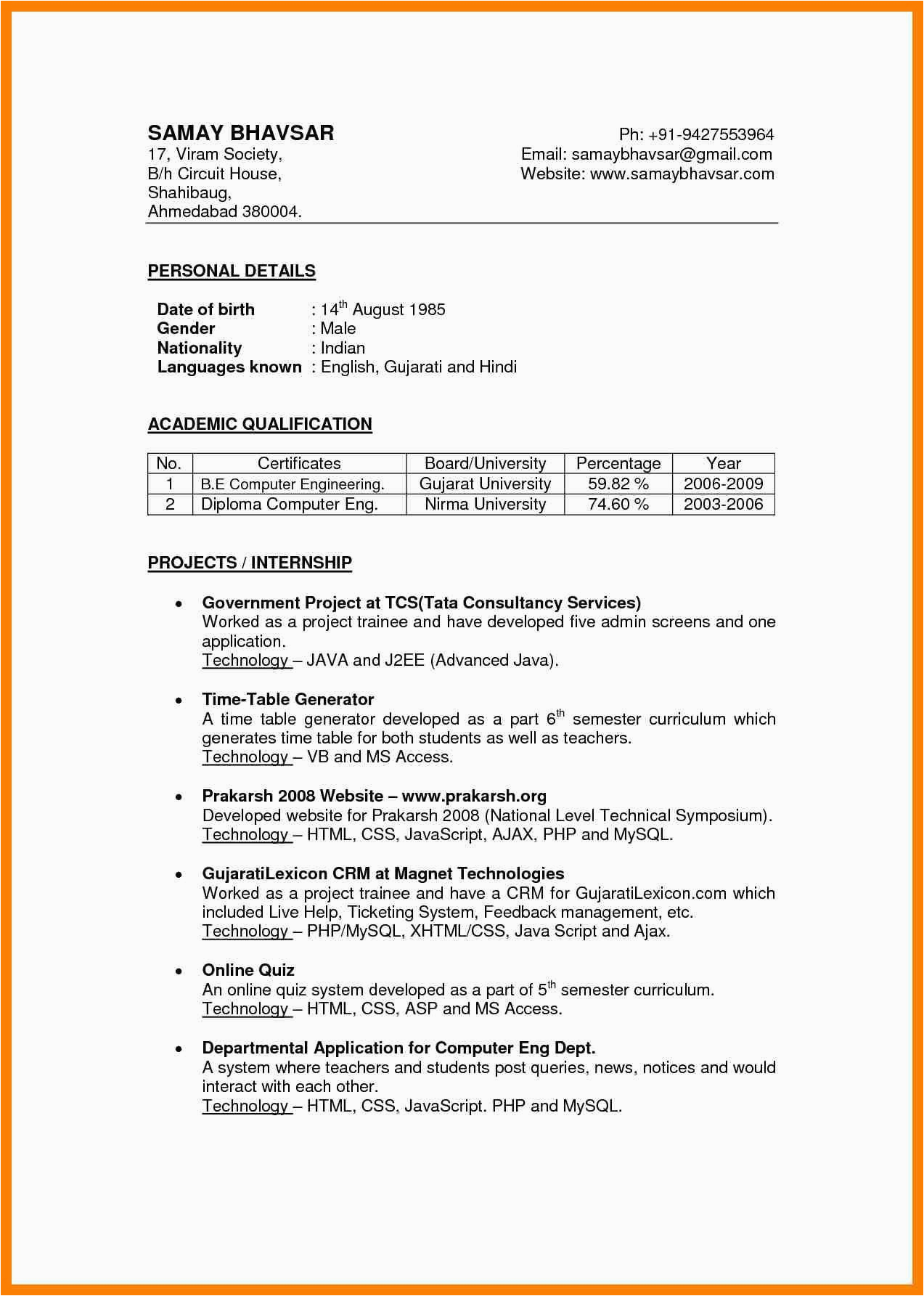 Sample Resume for Jobs In India Indian Student Resume format for Job Best Resume Examples