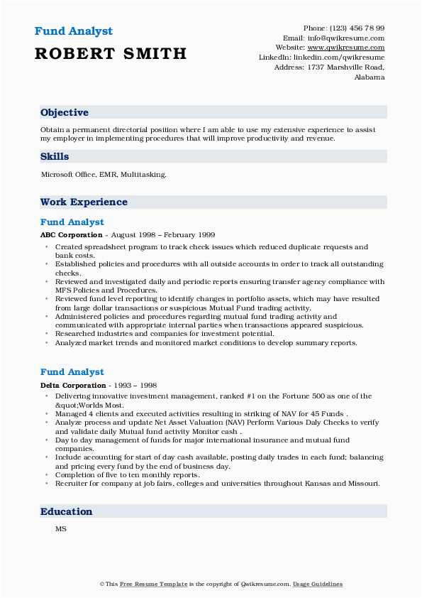 Sample Resume for Mutual Fund Analyst Fund Analyst Resume Samples