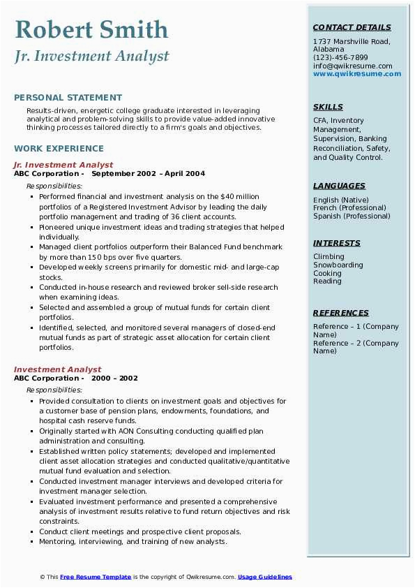 Sample Resume for Mutual Fund Analyst Investment Analyst Resume Samples