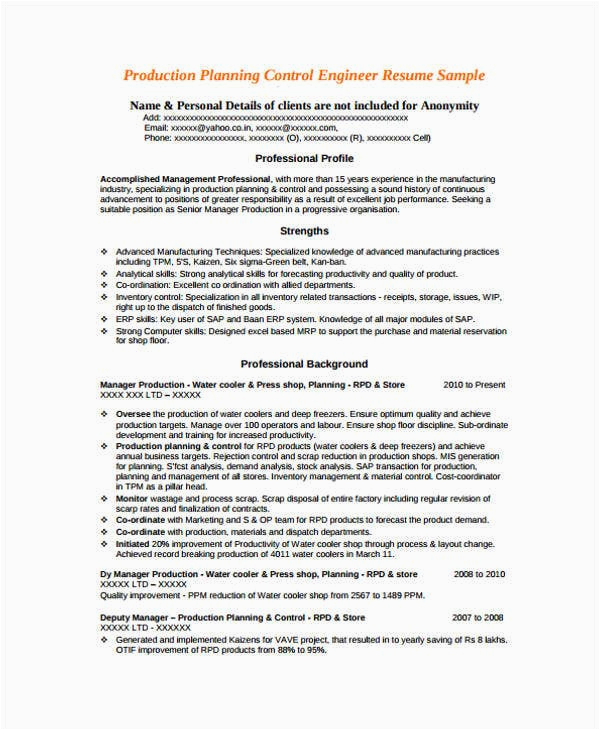 Sample Resume for Production Planning and Control Manager 10 Engineer Resume Samples Pdf Doc