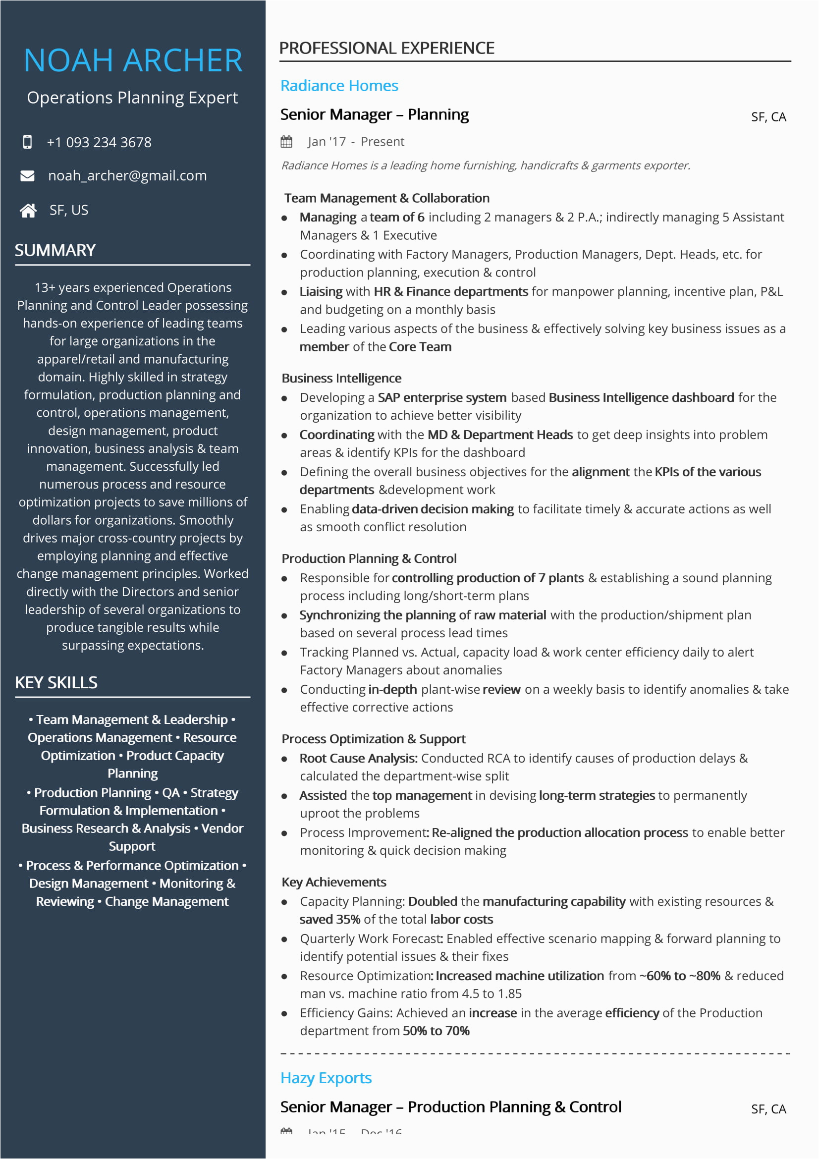 Sample Resume for Production Planning and Control Manager Operations Resume Examples & Resume Samples [2020]