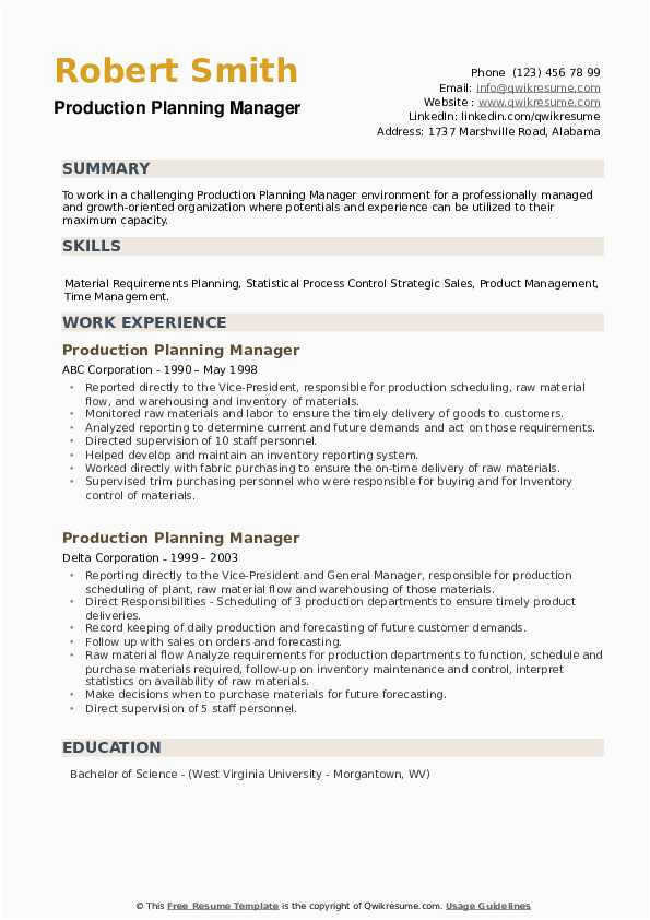 Sample Resume for Production Planning and Control Manager Production Planning Manager Resume Samples