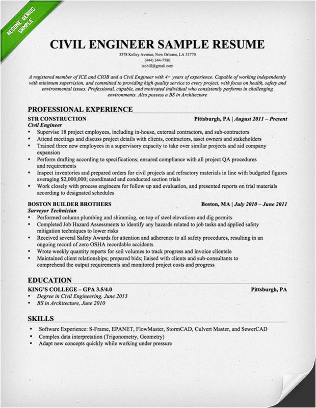 Sample Resume for Professional Civil Engineer Civil Engineering Resume Sample