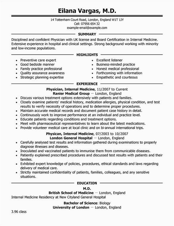 Sample Resume for Professionals In Healthcare Cv Template Physician Resume format